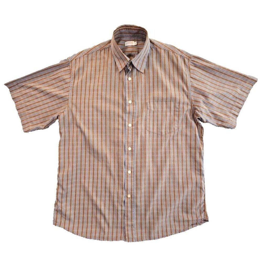 Stefanel Shirt Men's XL Short Sleeve Brown Blue‎ Plaid Made In Italy Button Up